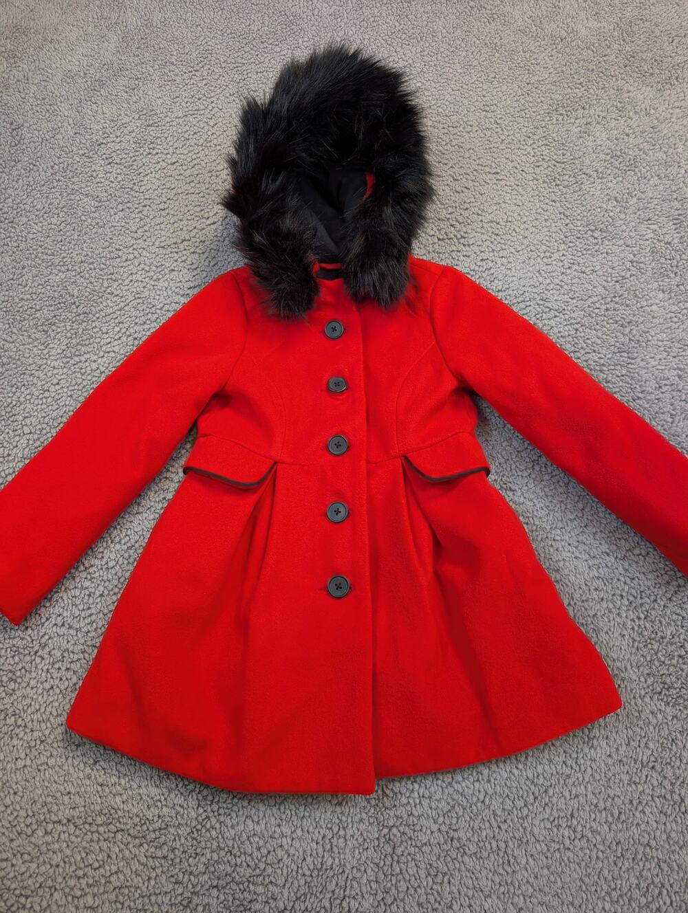 Cat & Jack Girls Size XS 4/5 Red Coat W/ Detachable Faux Fur Hood (1139)